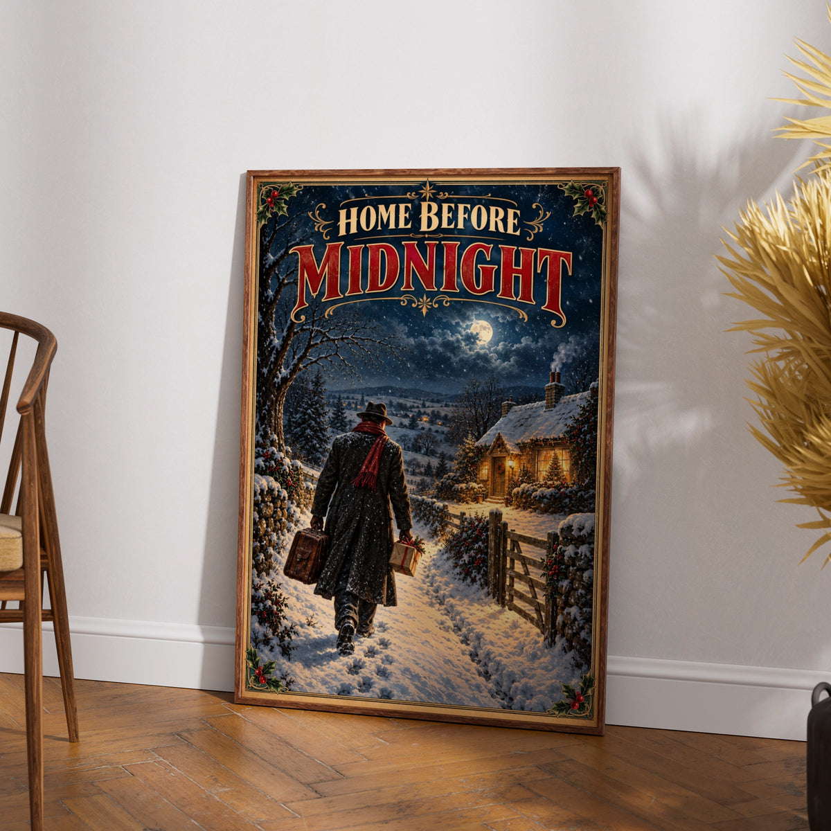 Home Before Midnight Winter Christmas Poster, Vintage Snowy Cottage Wall Art, Retro Holiday Print