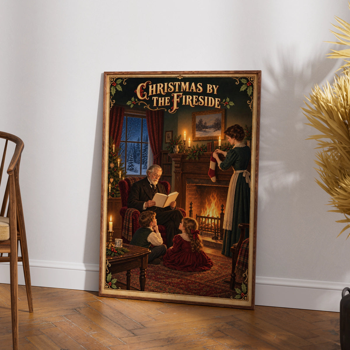 Christmas by the Fireside Poster, Victorian Family Print, Vintage Holiday Wall Art