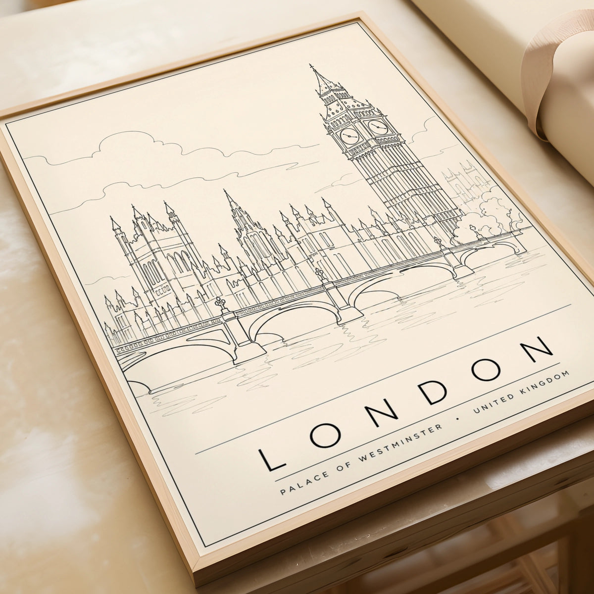 London Travel Poster, Big Ben Wall Art, Palace of Westminster Line Art Print, UK City