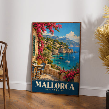 Mallorca Spain Travel Poster, Vintage Mediterranean Wall Art, Balearic Coast Print