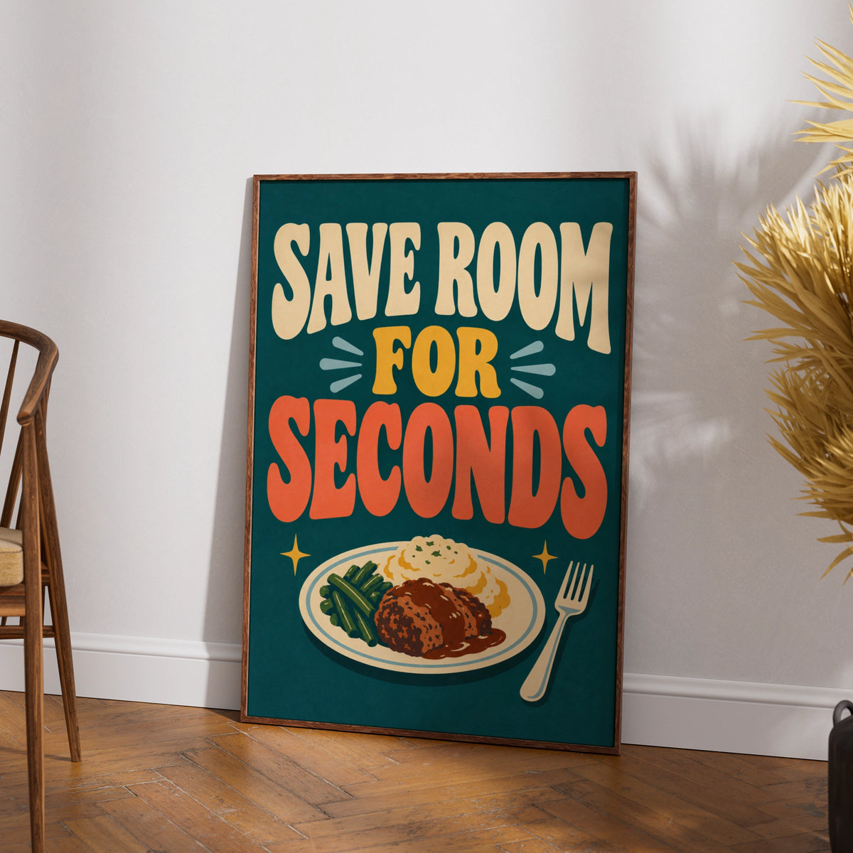Save Room For Seconds Retro Food Poster, Funny Kitchen Wall Art, Dining Room Print