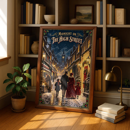 Victorian Christmas Street Scene Poster, Midnight High Street, Snowy Dickensian Wall Art Print