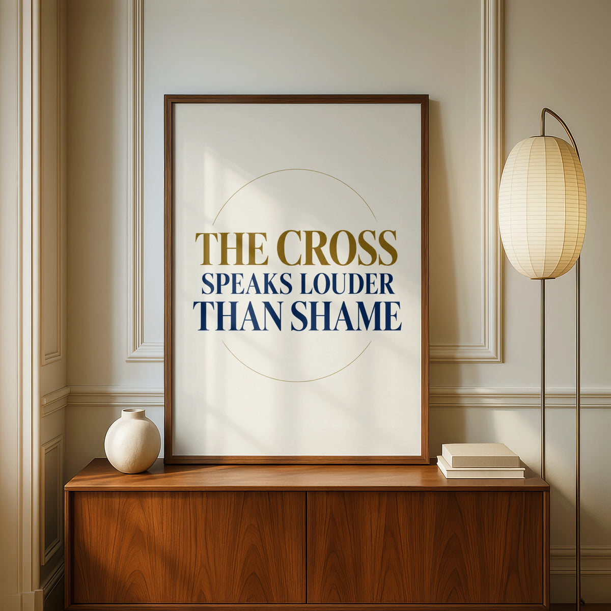 The Cross Speaks Louder Than Shame Christian Quote Poster, Navy Gold Faith Wall Art