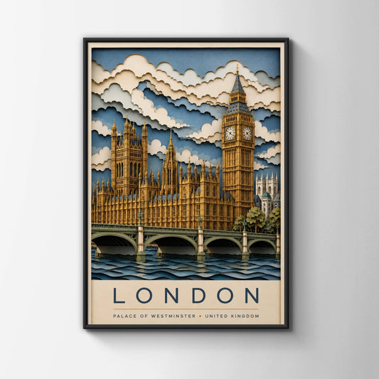 London Travel Poster, Big Ben Wall Art, Palace of Westminster Print, UK Gift