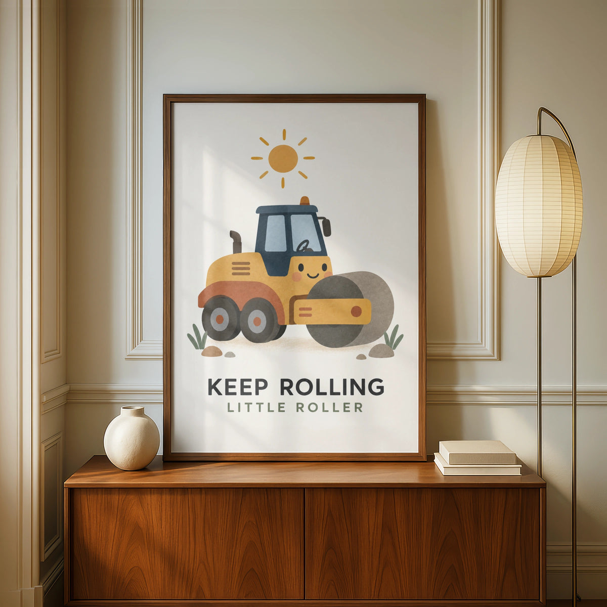 Keep Rolling Little Roller Road Roller Poster, Kids Construction Wall Art Print