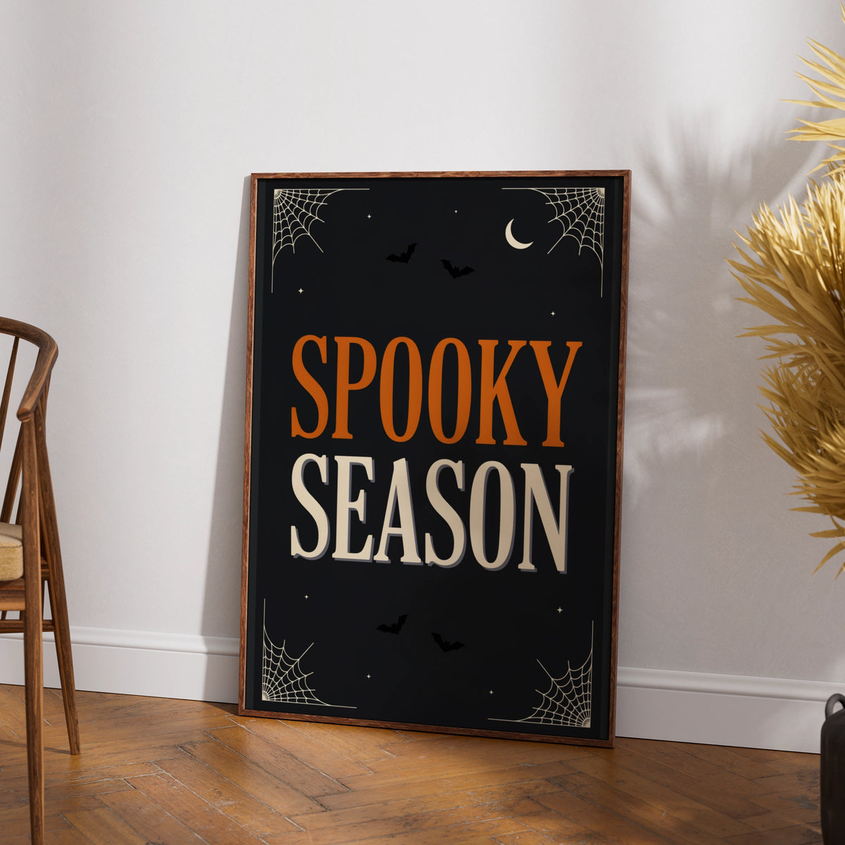 Spooky Season Halloween Poster, Black Orange Wall Art, Bat Spider Web Print, A3