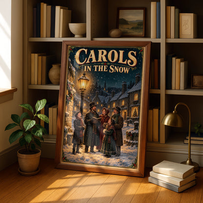 Carols in the Snow Victorian Christmas Poster, Festive Carol Singers Wall Art Print