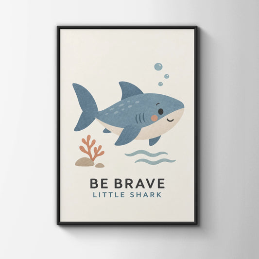 Be Brave Little Shark Nursery Print, Cute Ocean Wall Art, Kids Room Poster, Blue