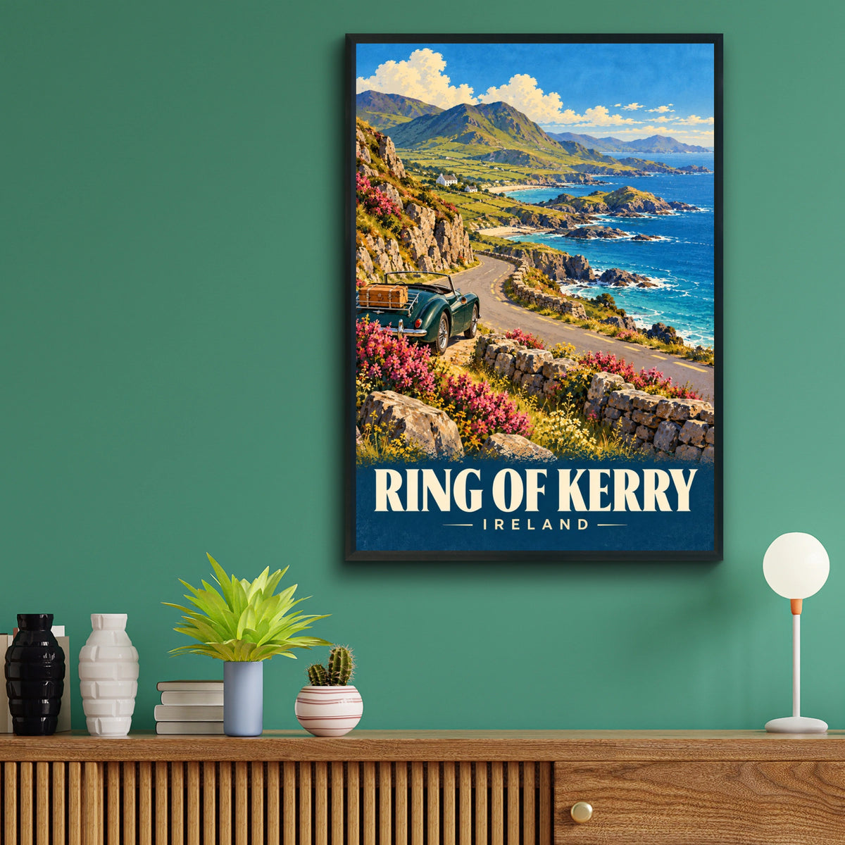 Ring of Kerry Ireland Travel Poster, Vintage Style Irish Coastal Road Wall Art Print