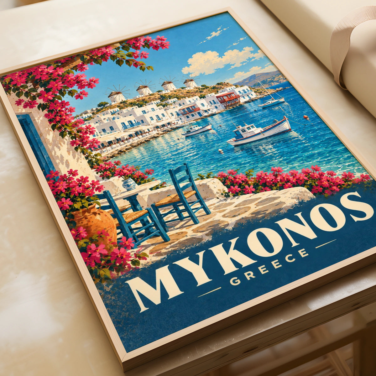 Mykonos Greece Travel Poster, Greek Island Wall Art, Aegean Sea Windmill Print