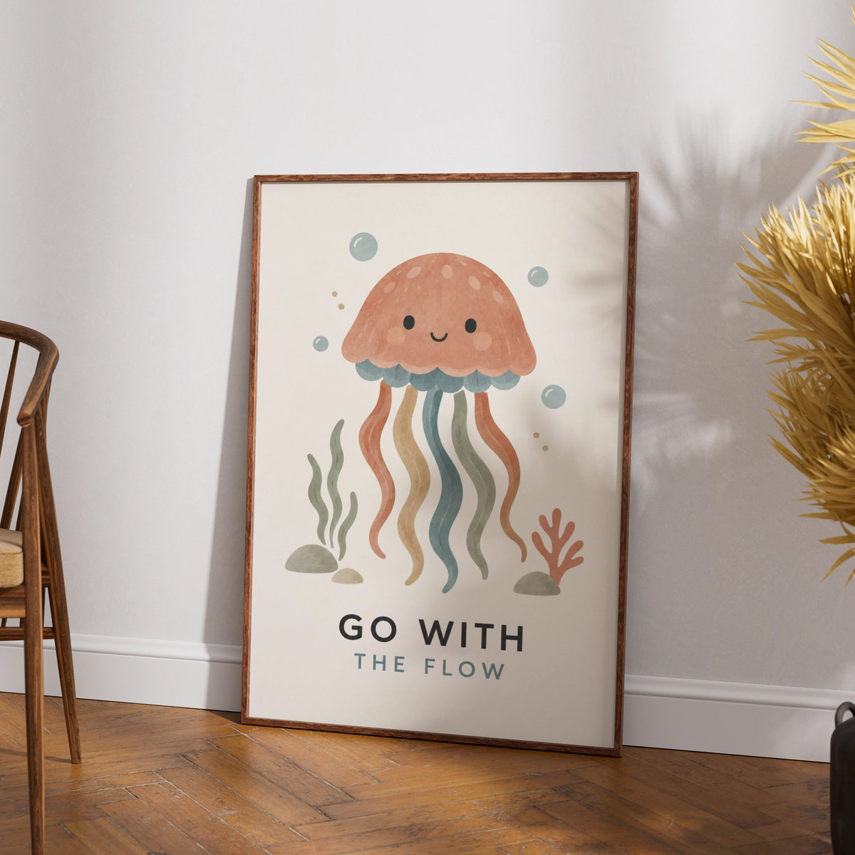 Go With The Flow Jellyfish Poster, Cute Ocean Kids Wall Art, Boho Nursery Print