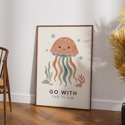 Go With The Flow Jellyfish Poster, Cute Ocean Kids Wall Art, Boho Nursery Print
