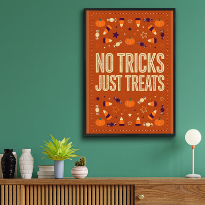 No Tricks Just Treats Halloween Poster, Candy Corn Pumpkin Orange Wall Art Print