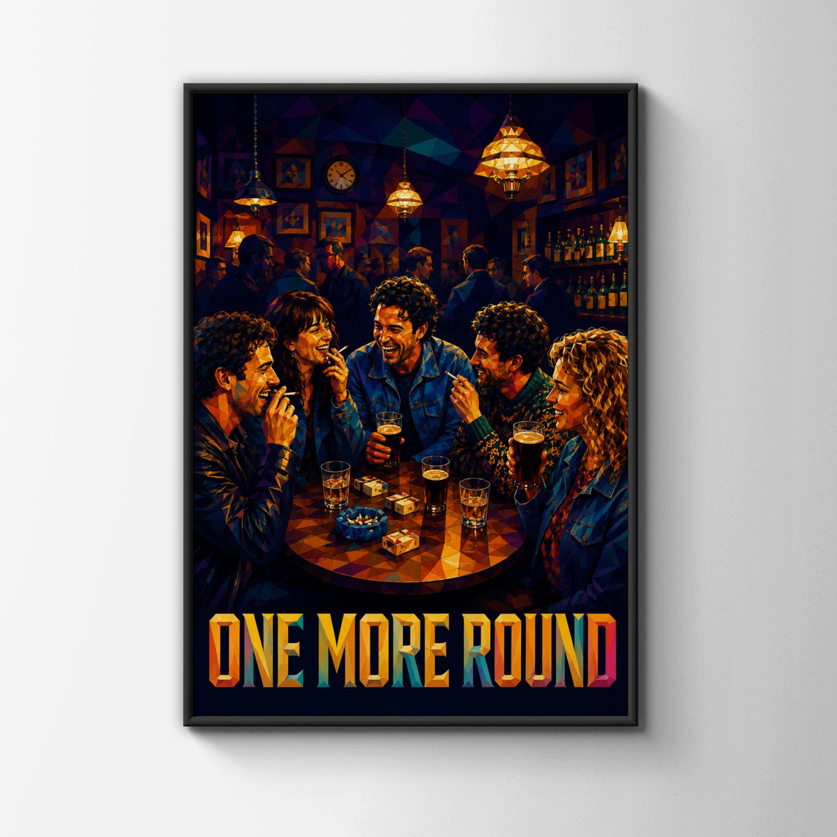 One More Round Pub Poster, Friends Drinking Beer Wall Art, Low Poly Bar Print