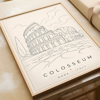 Colosseum Rome Italy Travel Poster, Minimalist Line Art Print, Roman Wall Art