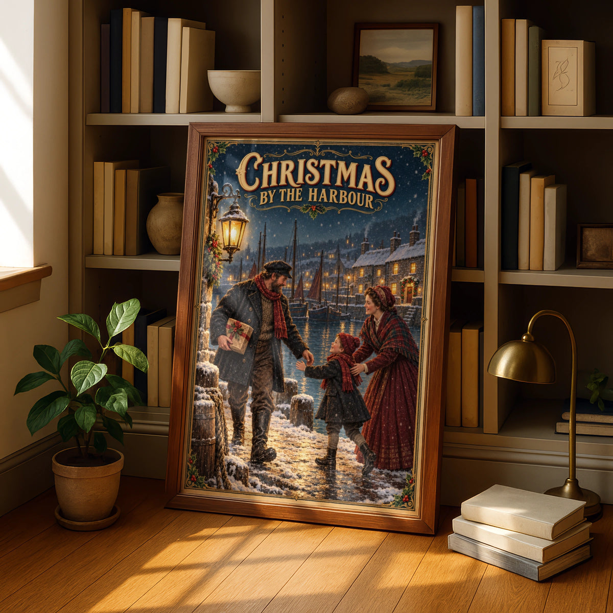 Christmas by the Harbour Poster, Victorian Nautical Xmas Wall Art, Snowy Festive Print