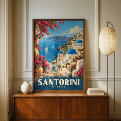 Santorini Greece Travel Poster, Mediterranean Wall Art, Blue Dome Church Print