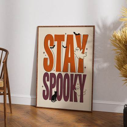 Stay Spooky Halloween Poster, Ghost Bat Black Cat Wall Art, Retro Orange Purple Print