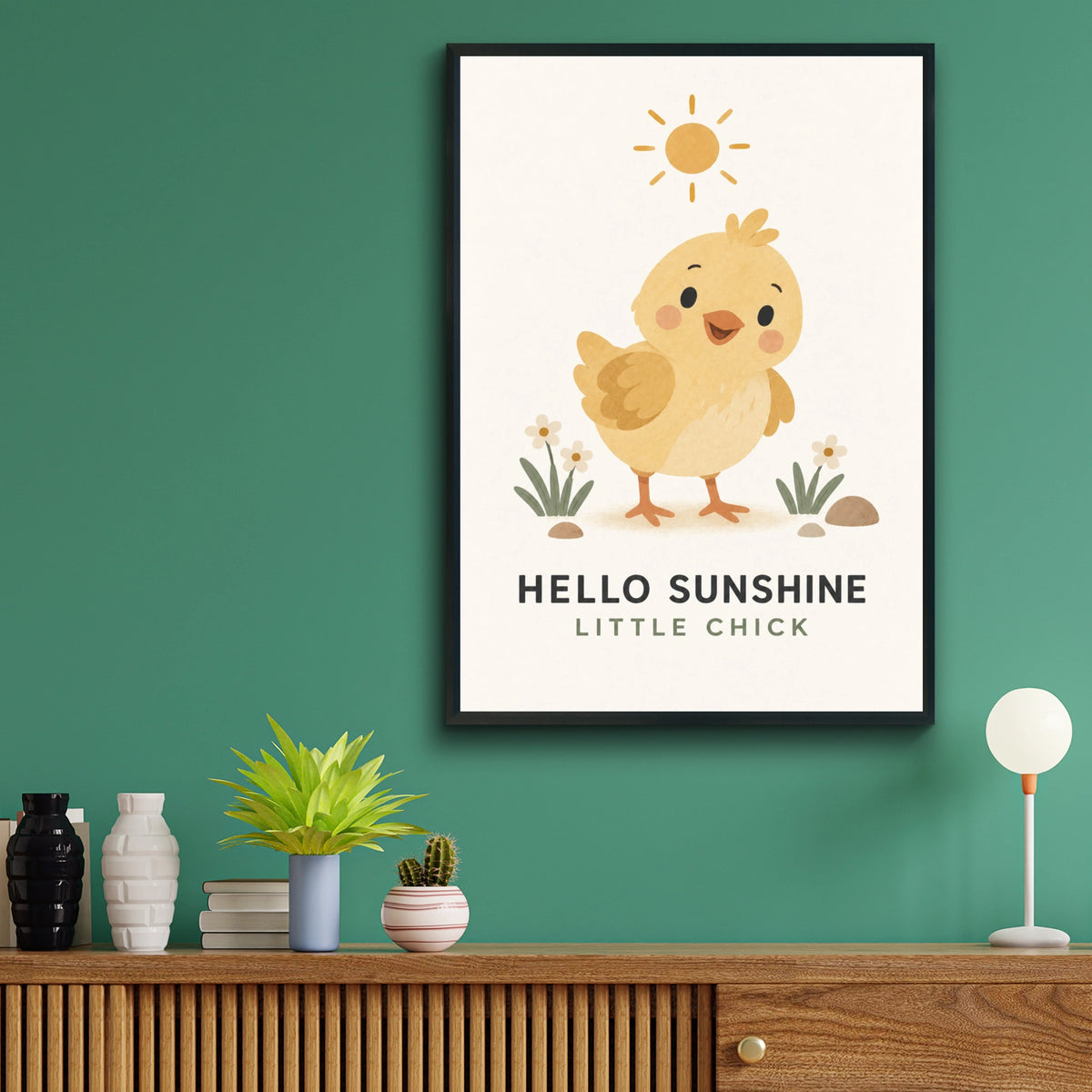Hello Sunshine Little Chick Nursery Poster, Baby Chick Wall Art, Kids Room Print