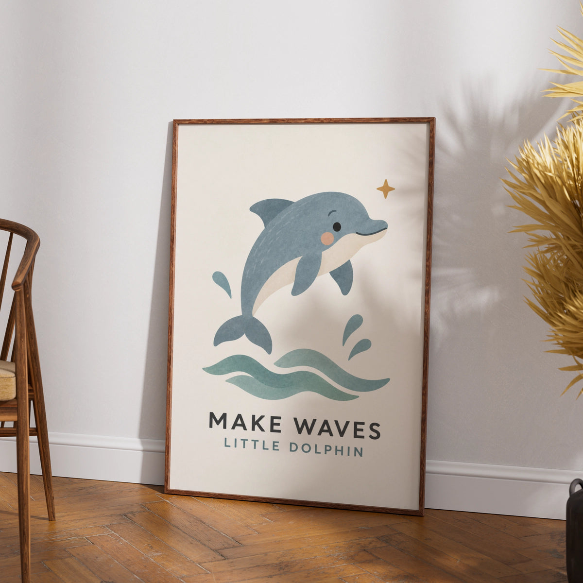 Make Waves Little Dolphin Print, Cute Ocean Nursery Poster, Kids Sea Animal Wall Art