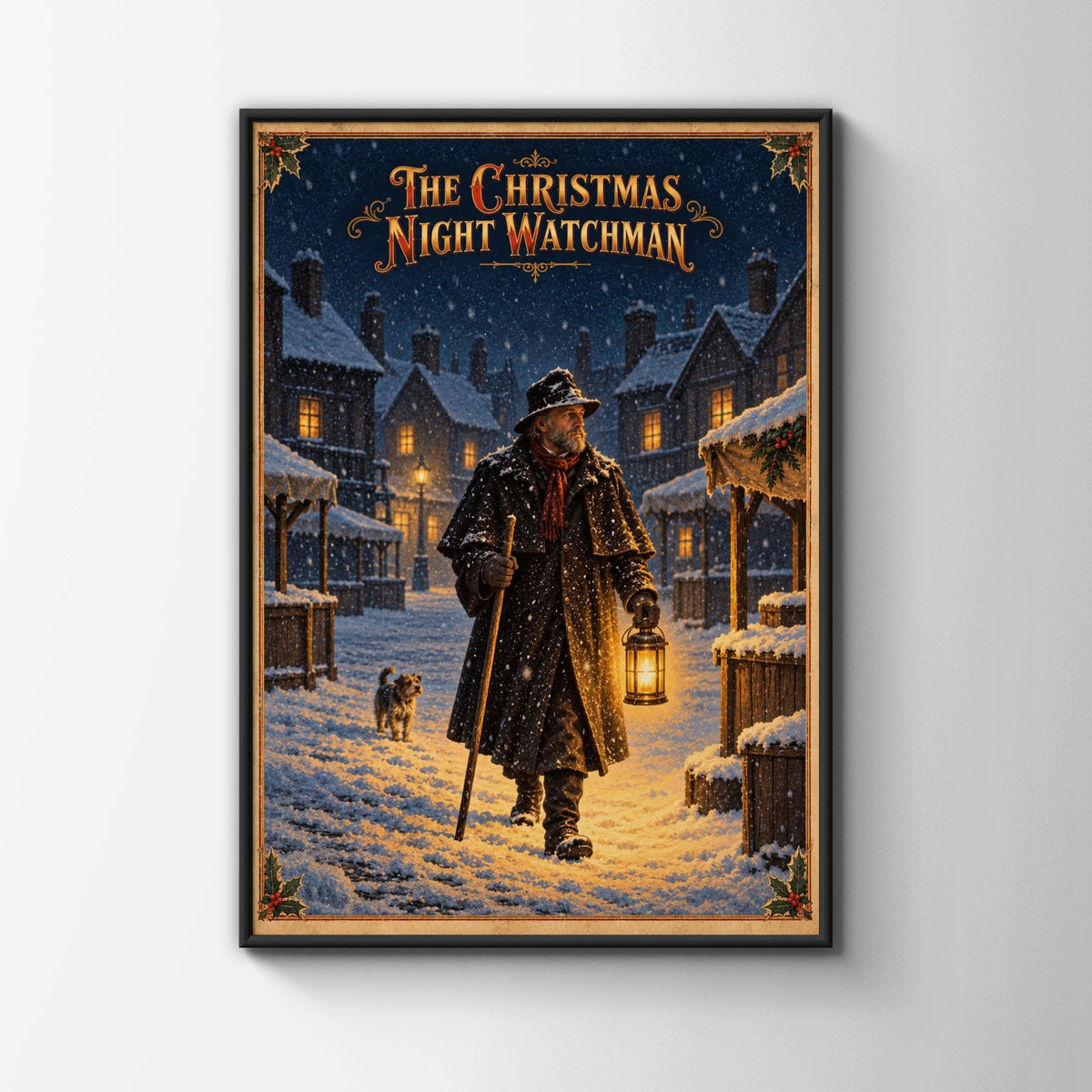 Victorian Christmas Night Watchman Poster, Snowy Village Wall Art, Vintage Festive Print