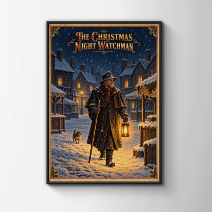 Victorian Christmas Night Watchman Poster, Snowy Village Wall Art, Vintage Festive Print