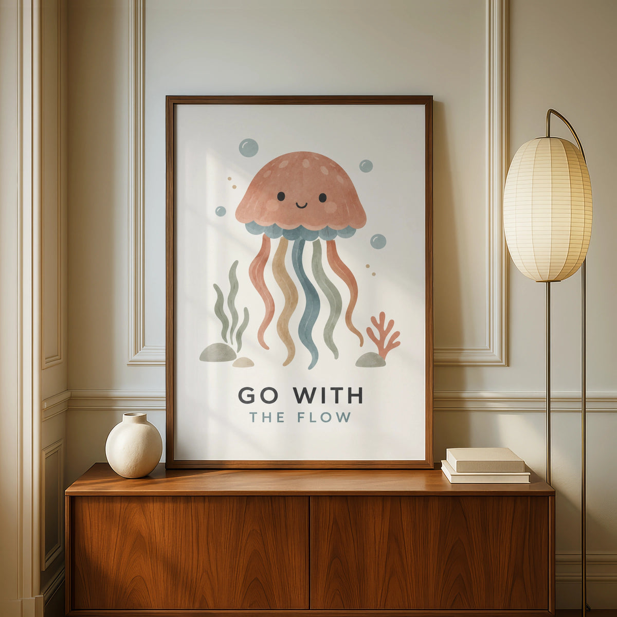 Go With The Flow Jellyfish Poster, Cute Ocean Kids Wall Art, Boho Nursery Print