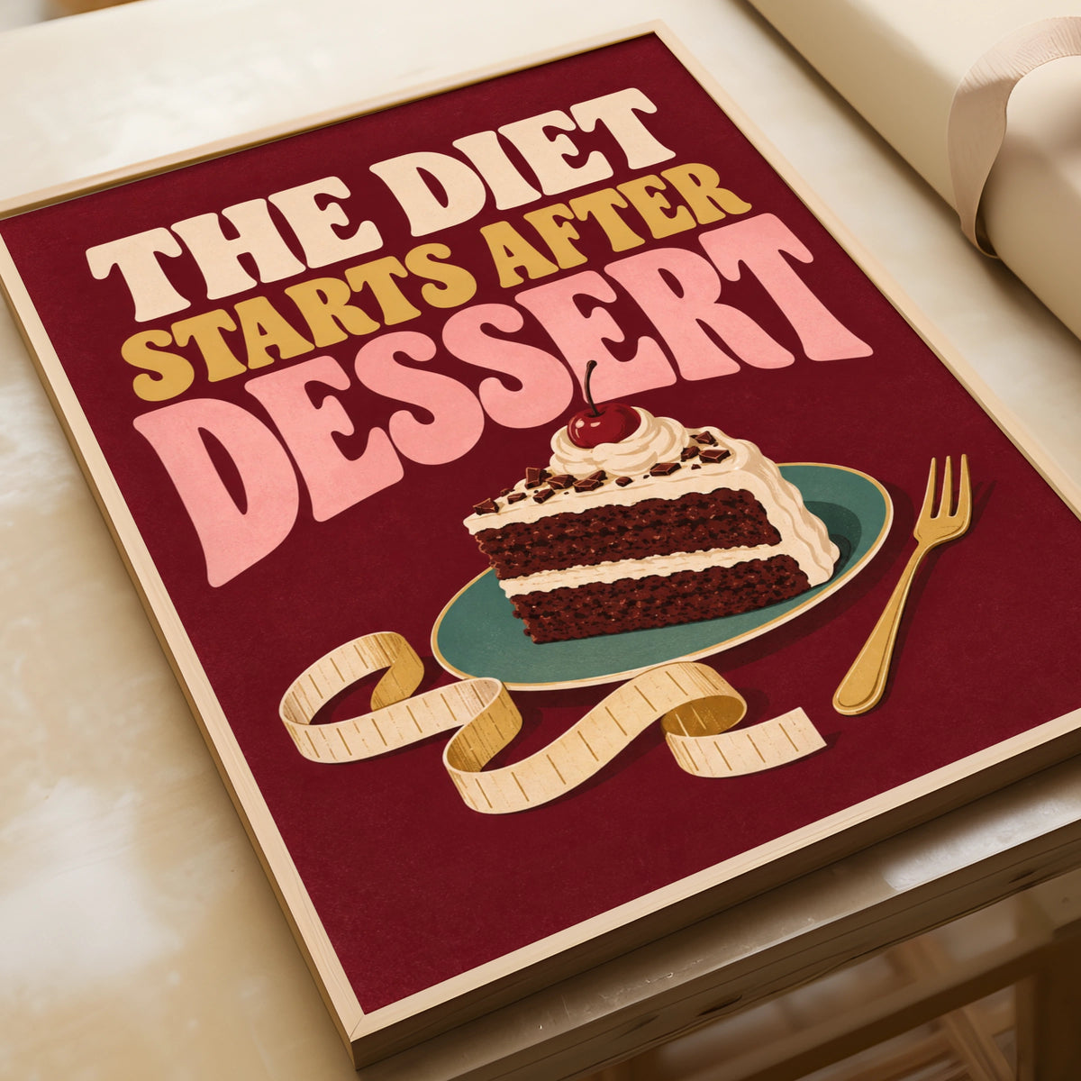 The Diet Starts After Dessert Funny Kitchen Poster, Retro Cake Wall Art Print