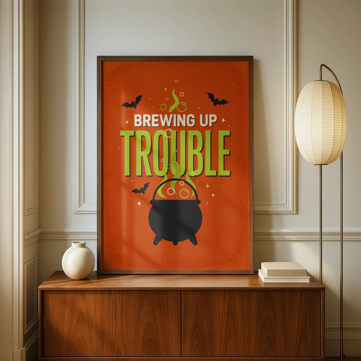 Brewing Up Trouble Halloween Poster, Witch Cauldron Wall Art, Orange Green Retro Print