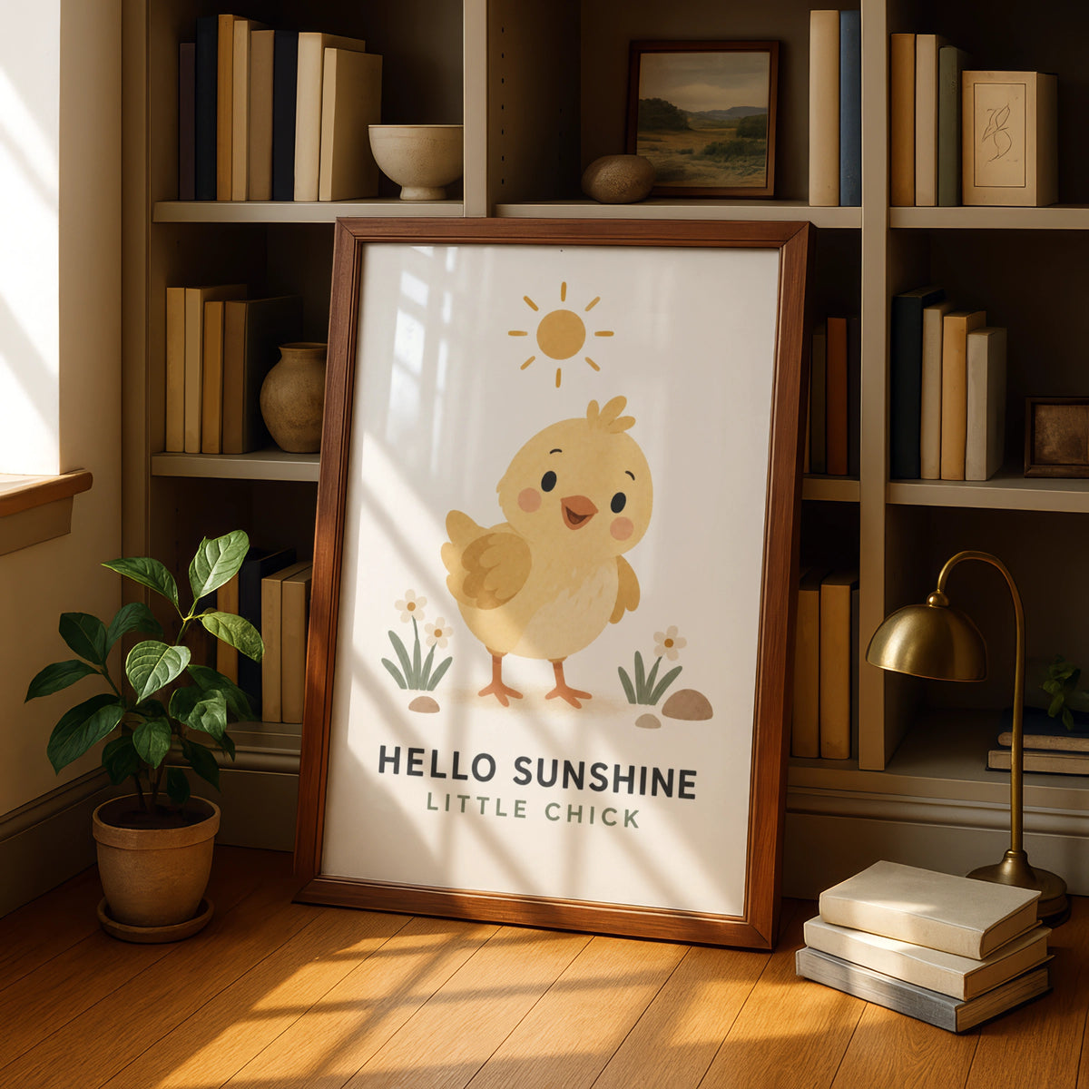 Hello Sunshine Little Chick Nursery Poster, Baby Chick Wall Art, Kids Room Print