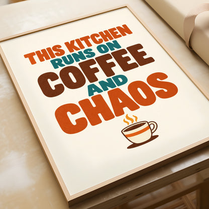This Kitchen Runs on Coffee and Chaos Poster, Funny Kitchen Wall Art Print