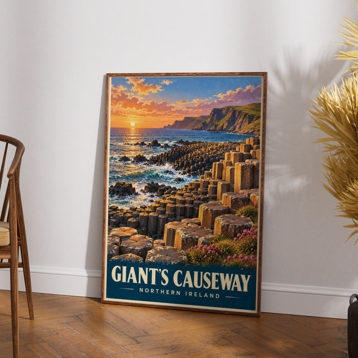 Giant's Causeway Poster, Northern Ireland Travel Print, Retro Coastal Wall Art, Sunset Basalt