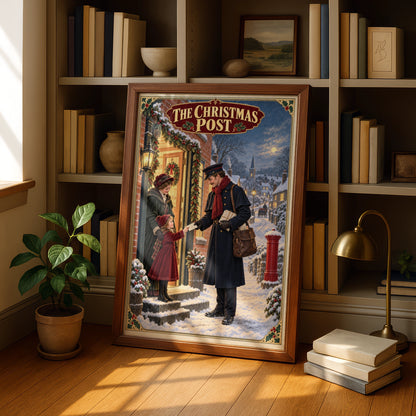 Victorian Christmas Postman Poster, Vintage Snowy Village Wall Art, Festive Holiday Print