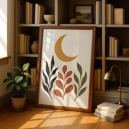 Ochre Moon Garden Botanical Poster, Boho Crescent Moon Wall Art, Terracotta Leaf Print
