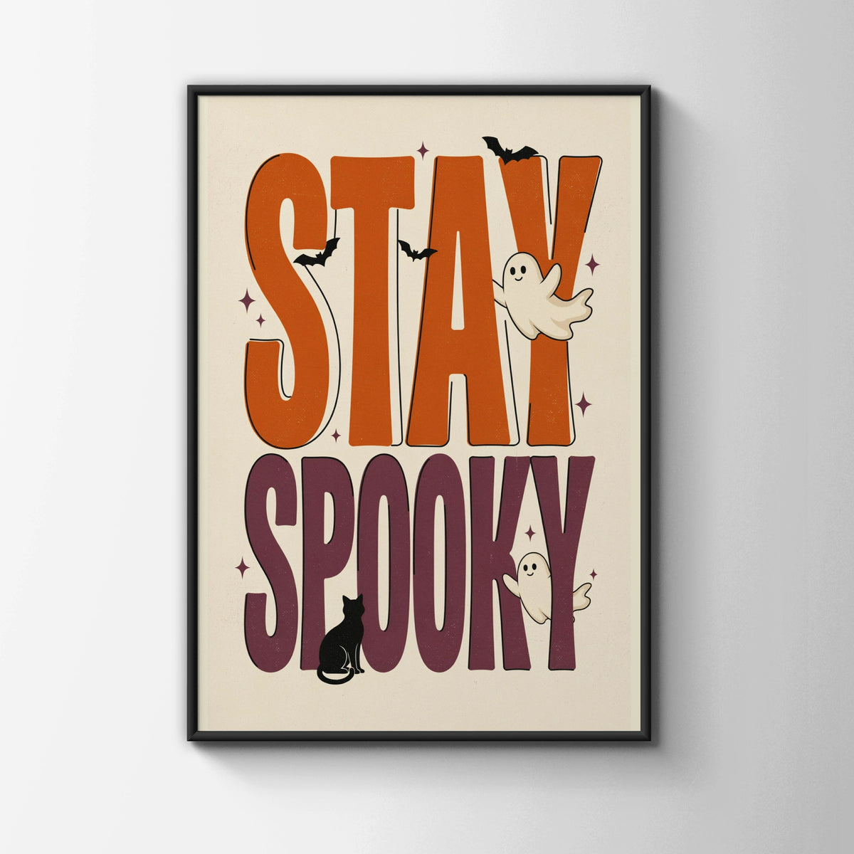 Stay Spooky Halloween Poster, Ghost Bat Black Cat Wall Art, Retro Orange Purple Print