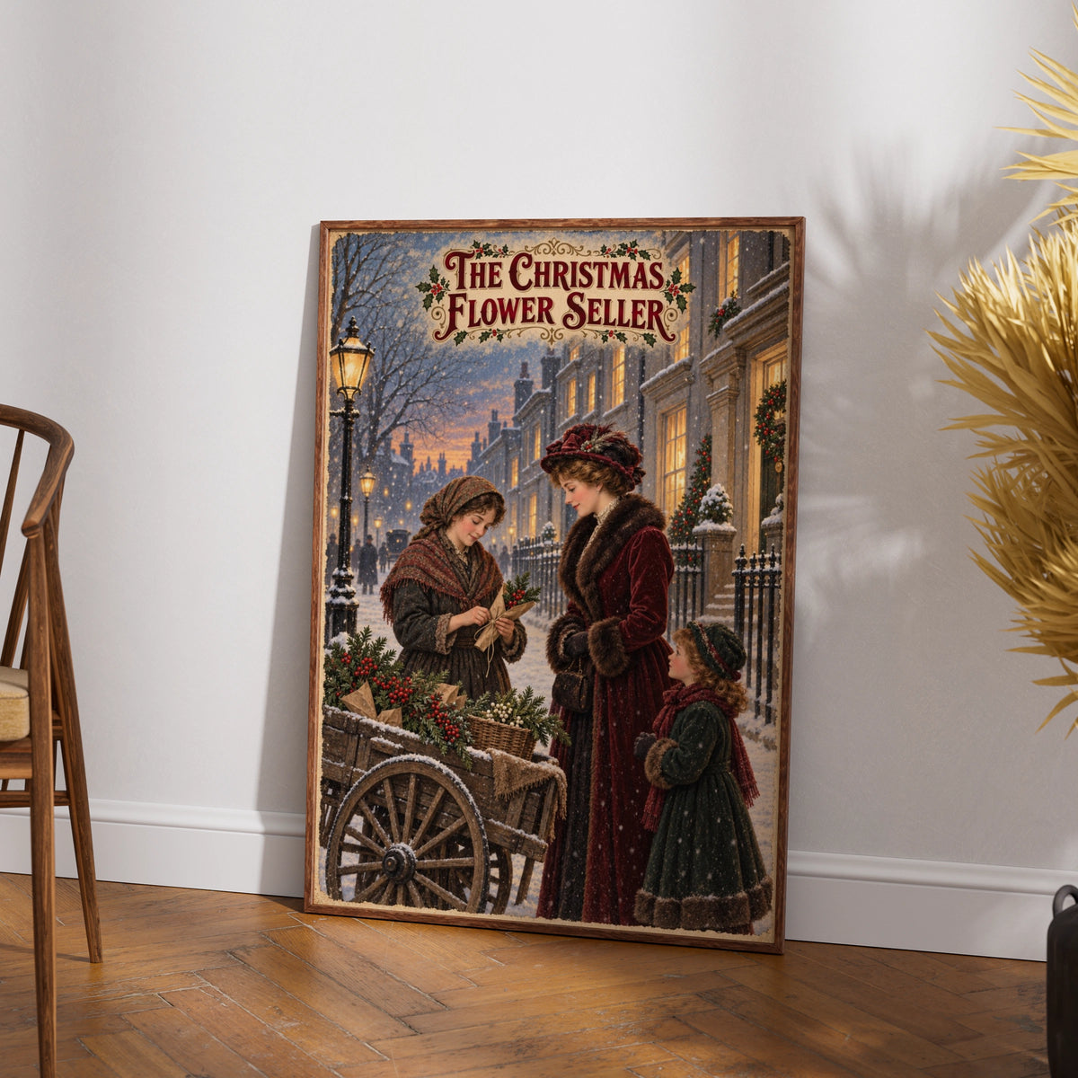 Victorian Christmas Flower Seller Poster, Vintage Snowy Street Wall Art Print