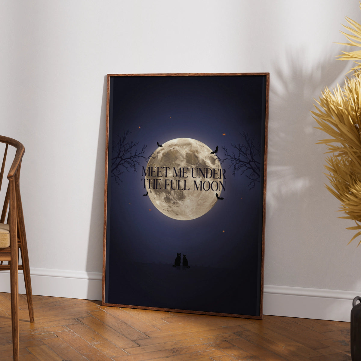 Meet Me Under The Full Moon Poster, Black Cat Halloween Wall Art, Spooky Night Print