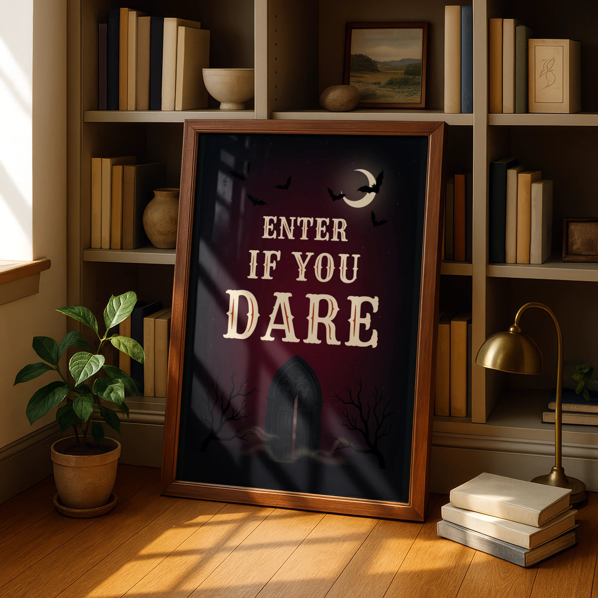 Enter If You Dare Halloween Poster, Spooky Gothic Wall Art, Dark Red Bat Moon Print
