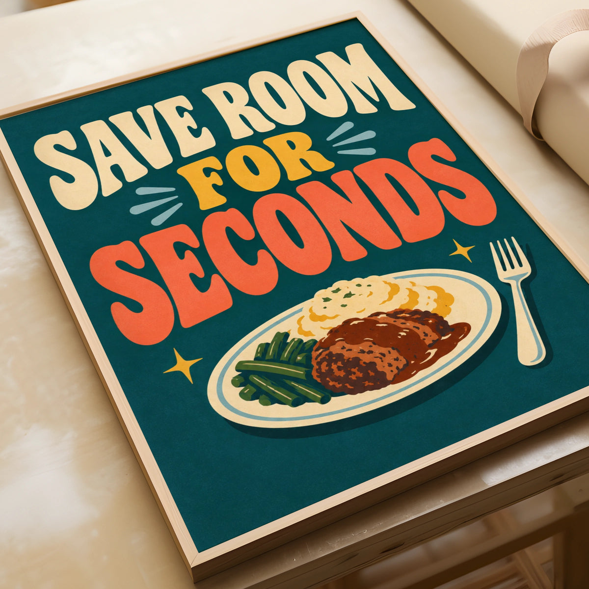 Save Room For Seconds Retro Food Poster, Funny Kitchen Wall Art, Dining Room Print