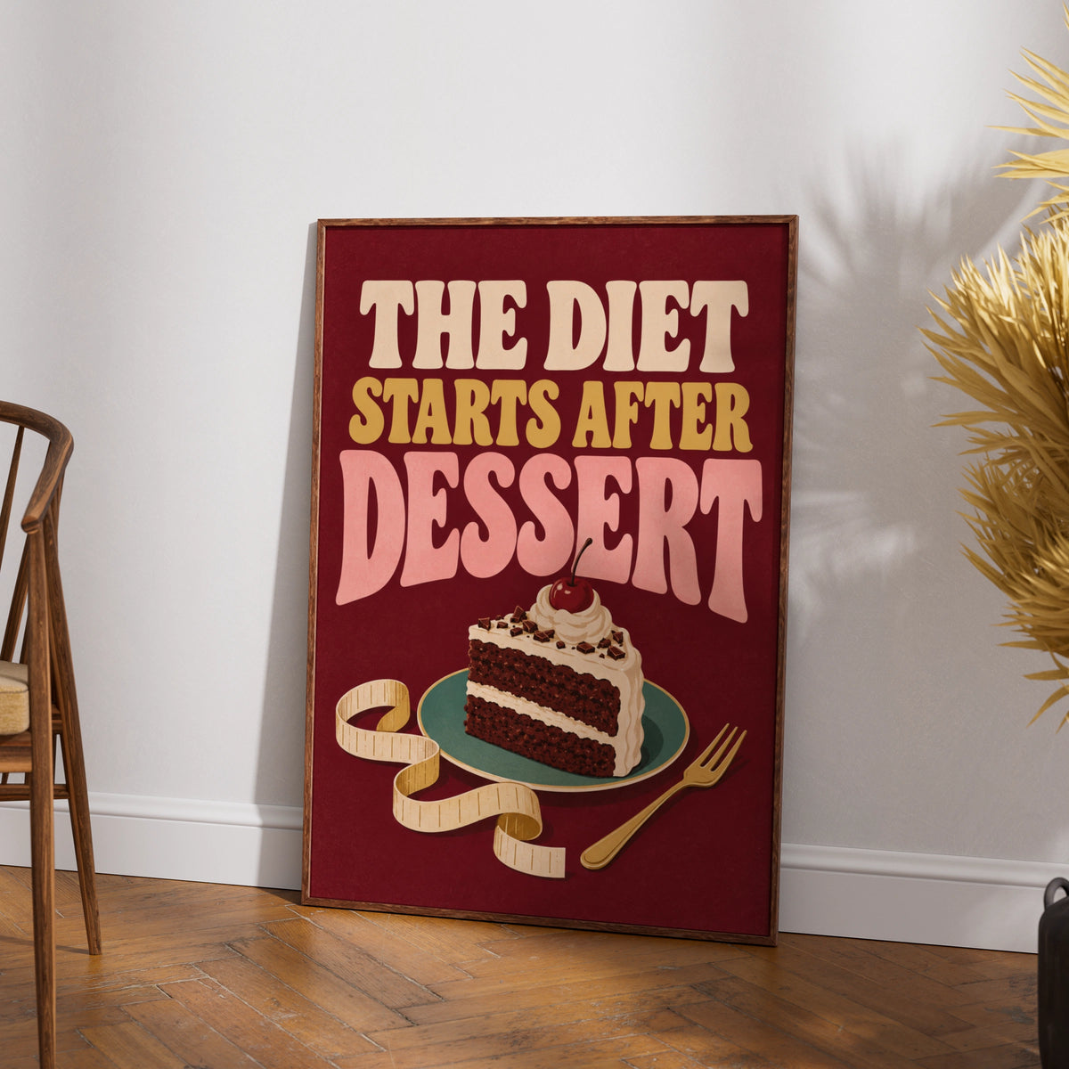 The Diet Starts After Dessert Funny Kitchen Poster, Retro Cake Wall Art Print