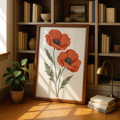Wild Poppy Pair Botanical Print, Red Poppy Flower Wall Art, Minimalist Floral Poster