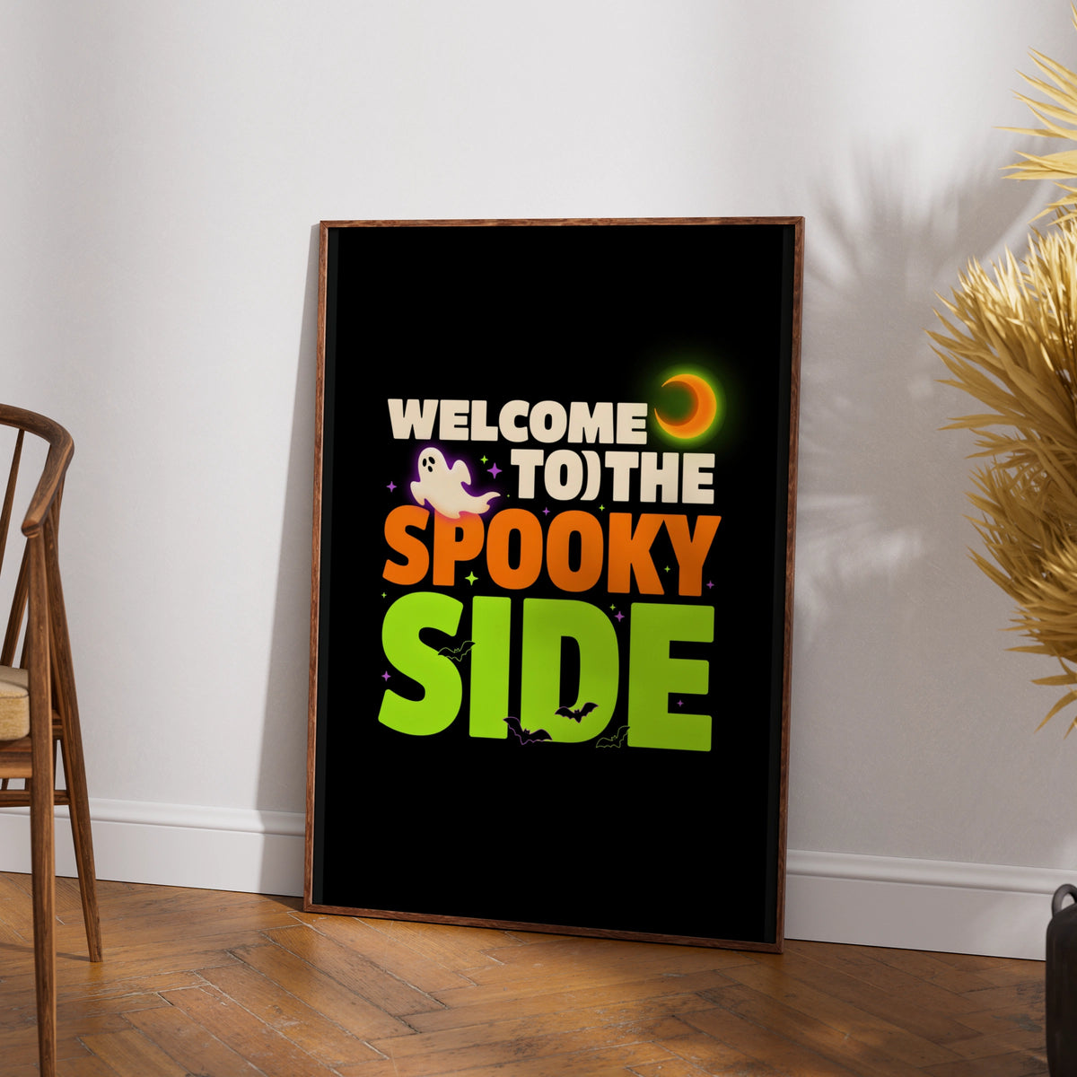 Welcome To The Spooky Side Halloween Poster, Ghost Bat Moon Wall Art Print