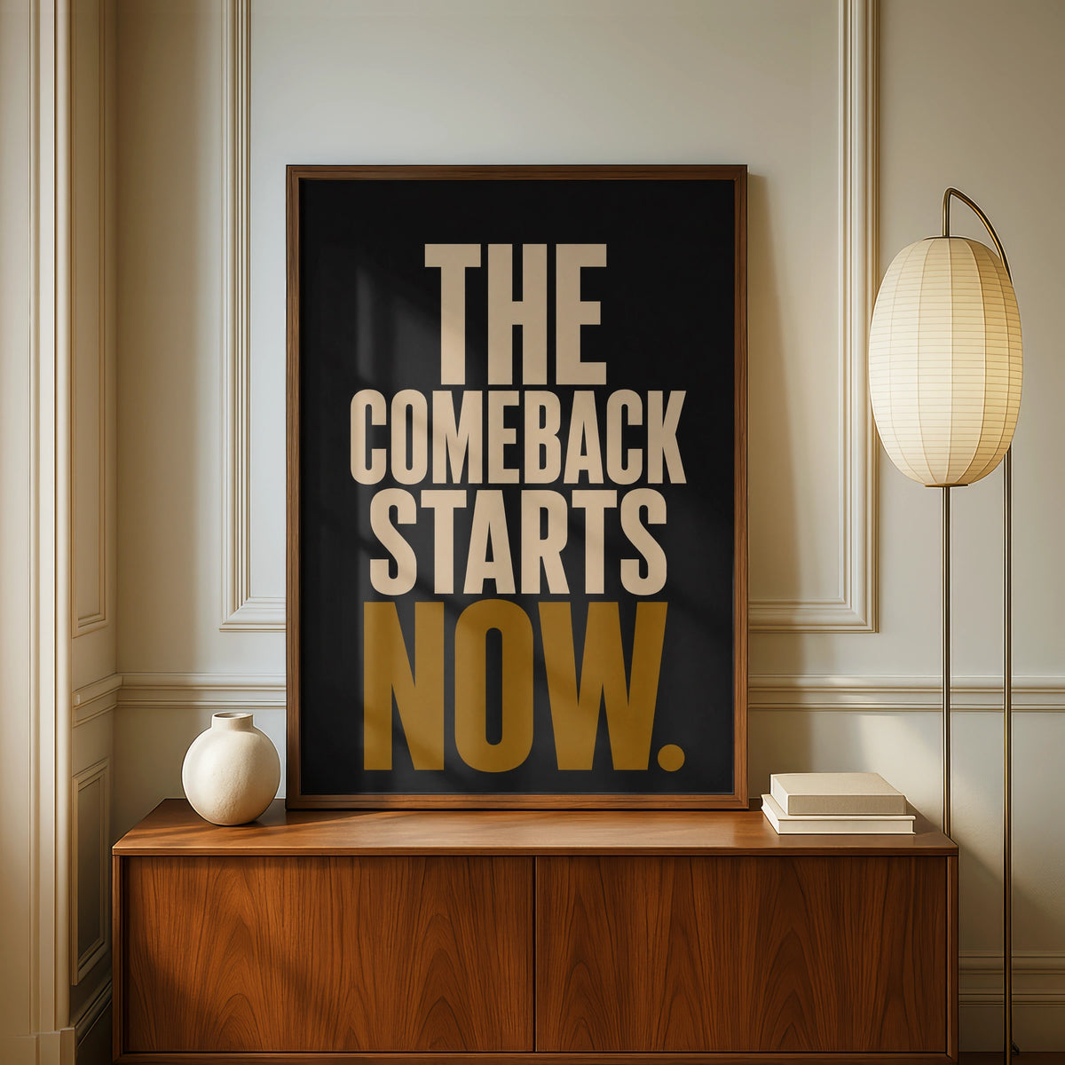 The Comeback Starts Now Motivational Poster, Bold Typography Wall Art, Black Gold
