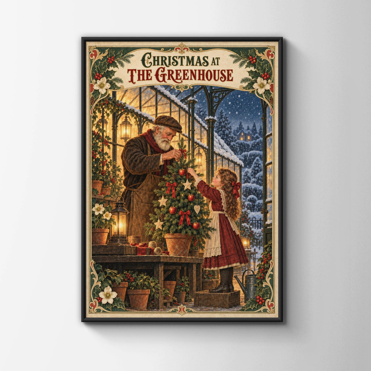 Christmas Greenhouse Vintage Poster, Victorian Holiday Wall Art, Festive Winter Print
