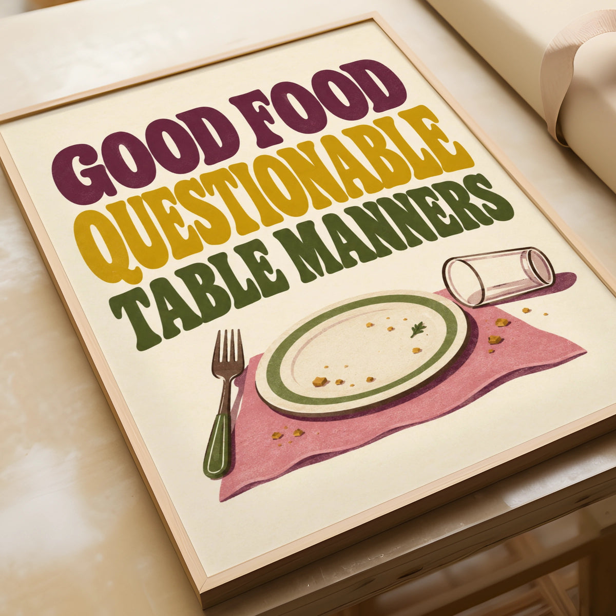 Good Food Questionable Table Manners Poster, Funny Kitchen Wall Art, Retro Dining