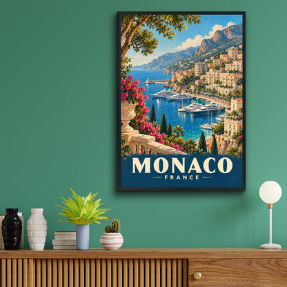 Monaco France Vintage Travel Poster, Retro Riviera Harbour Wall Art Print