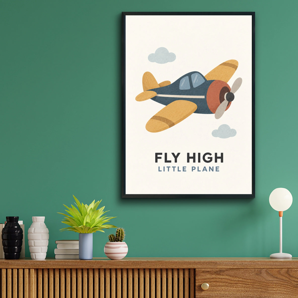 Fly High Little Plane Kids Poster, Vintage Aeroplane Wall Art, Boys Nursery Print