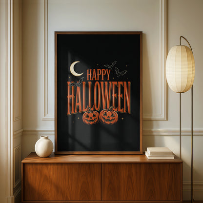 Happy Halloween Poster, Jack-o-Lantern Wall Art, Pumpkin Bat Moon Spooky Print, Orange Black