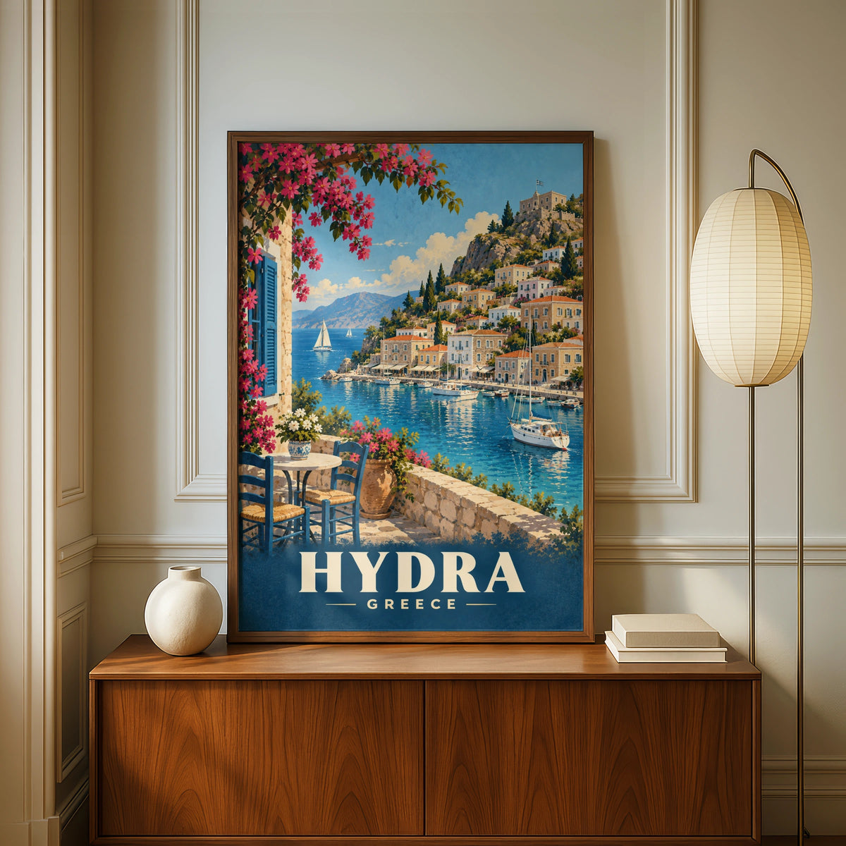 Hydra Greece Travel Poster, Greek Island Harbour Wall Art, Mediterranean Print
