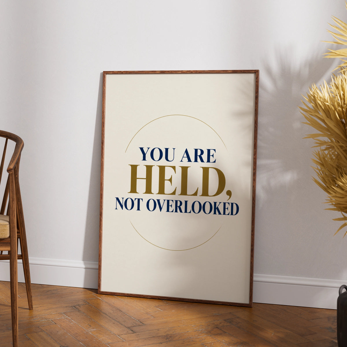 You Are Held Not Overlooked Poster, Navy Gold Faith Quote Wall Art Print